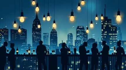 Elegant crowd enjoying drinks against a backdrop of city lights and skyscrapers. The nighttime atmosphere at a high-rise cocktail party.