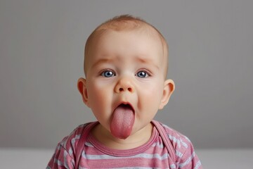 funny newborn baby shows long tongue isolated on solid white background - obrazy, fototapety, plakaty