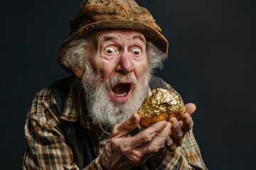 gold rush, portrait of a old man with a surprised facial expression who is holding a gold nugget