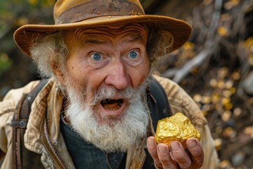 gold rush, portrait of a old man with a surprised facial expression who is holding a gold nugget - obrazy, fototapety, plakaty