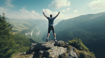 Triumphant Hiker. Joyful Man Celebrates Summit Success on Mountain Top. Lifestyle Concept of Achievement and Adventure. Young Male Climbing Forest Pathway Exudes Joy and Victory in Nature's Majesty. - obrazy, fototapety, plakaty