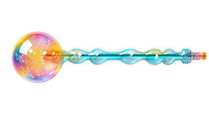 A vibrant toy with a rotating handle and a colorful ball spinning inside
