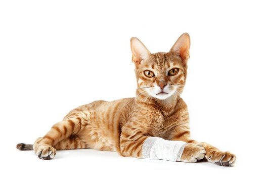 Portrait of a sphinx cat with a white bandage on his leg isolated on solid white background