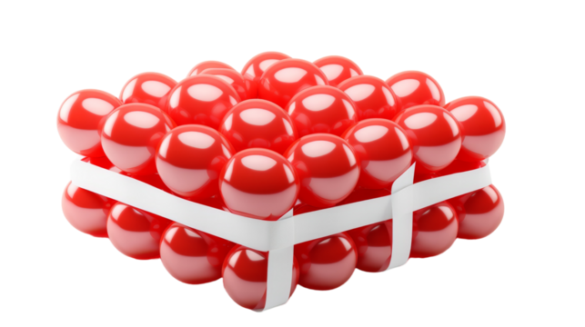 A collection of vibrant red balls playfully arranged inside a pristine white box