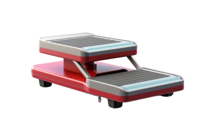 A red and gray step stool with wheels sits ready for use