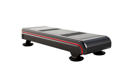 A sleek black bench with a bold red stripe, adding a pop of color to the urban setting