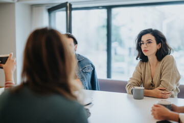 Young woman listening attentively in a casual business meeting at modern office.