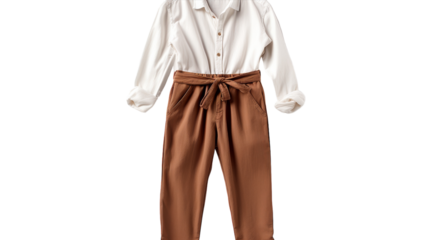 Stylish white shirt and brown pants against a clean white backdrop