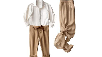 A stylish ensemble featuring a white shirt, tan pants, and a brown tie