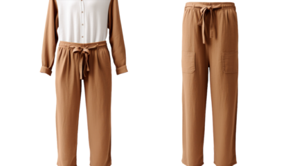 A woman in white shirt and brown pants standing peacefully