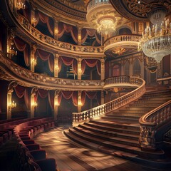 A grand opera house with a sweeping staircase, crystal chandeliers, and velvet seats.
