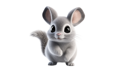 A small gray rabbit with big eyes gazes curiously at the viewer
