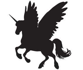 Vector simple black and white silhouette ready to print: fairytale magic fantasy pegas horse unicorn