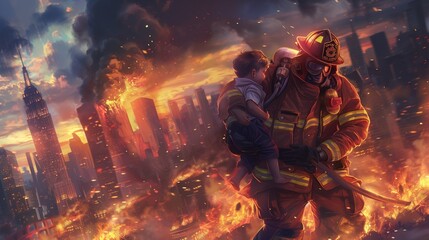 A heroic firefighter saving a child from a blazing inferno, amidst a city skyline. with copy space for text
