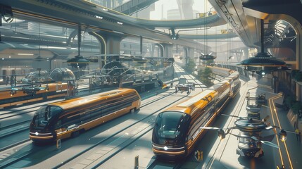 A futuristic transportation hub with high-speed trains, electric buses, and drone taxis. - obrazy, fototapety, plakaty