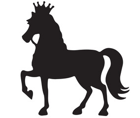 Vector simple black and white silhouette ready to print: fairytale magic fantasy king horse with crown on his head