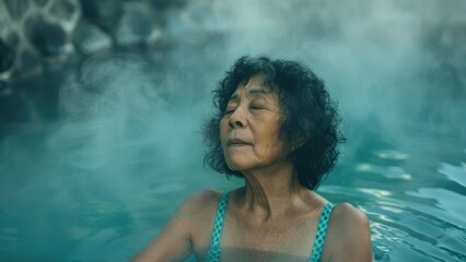 An elderly Asian woman in a swimsuit sits and swims in a hot thermal spring. There is hot steam from the water all around. holiday concept - obrazy, fototapety, plakaty