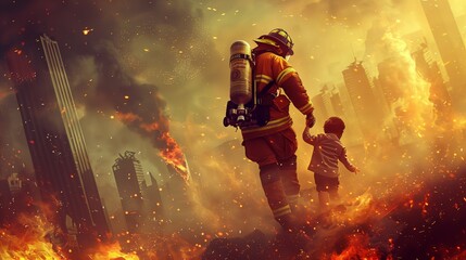 A heroic firefighter saving a child from a blazing inferno, amidst a city skyline. with copy space for text - obrazy, fototapety, plakaty