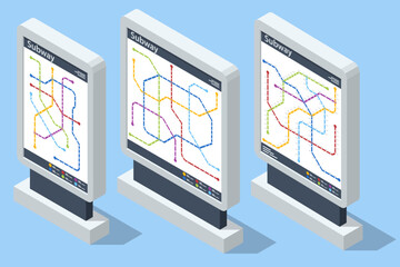 Isometric metro or subway map. Underground way. Fictional metro map. Subway station platform. High speed train.