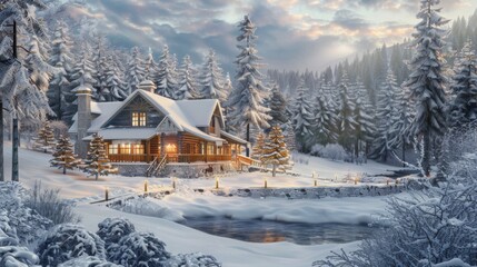 Naklejka premium Cozy mountain cabin surrounded by snow-covered trees with warm lights during the golden hour, reflecting a serene winter atmosphere.