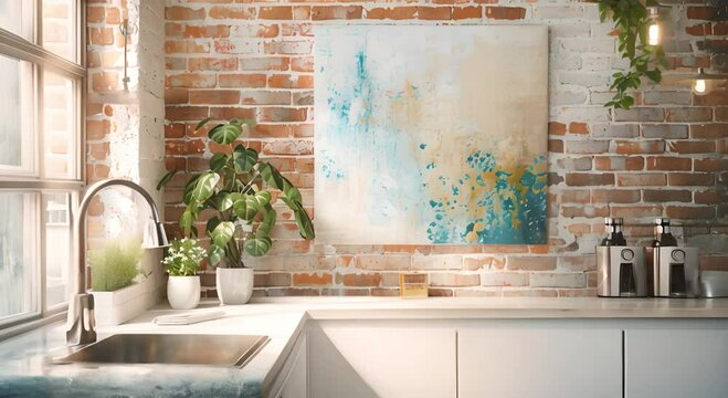 Harmonious Blend: White and Turquoise Kitchen Interior with Sink, Plant, and Abstract Painting on Brick Wall, Refreshing Modern Atmosphere with Warmth and Character
