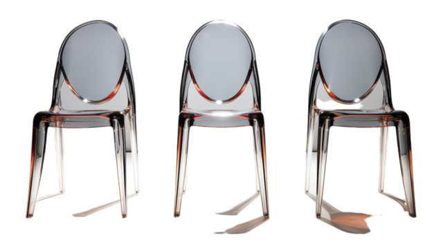Three elegant, modern, transparent chairs sit closely aligned