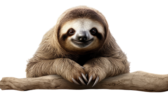 A brown and white sloth peacefully sits on a branch, gazing into the distance with a serene expression