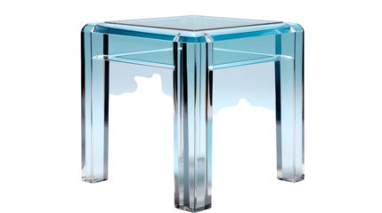 A striking clear glass side table rests peacefully on a pristine white background