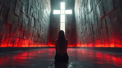 a woman alone in a room praying in front of a cross - obrazy, fototapety, plakaty