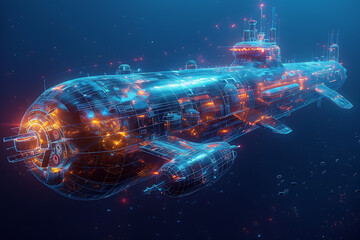 Striking submarine illustration with detailed digital wireframe polygons and innovative line and dot technology, ideal for futuristic designs and marine-themed projects