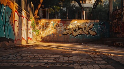 Naklejka premium Graffiti-Adorned Urban Podium Scene