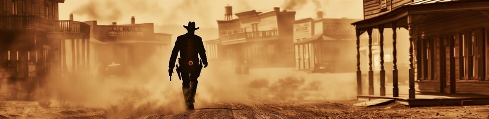 A lone gunslinger walking down a dusty Wild West town, revolver at the ready. with copy space for text - obrazy, fototapety, plakaty