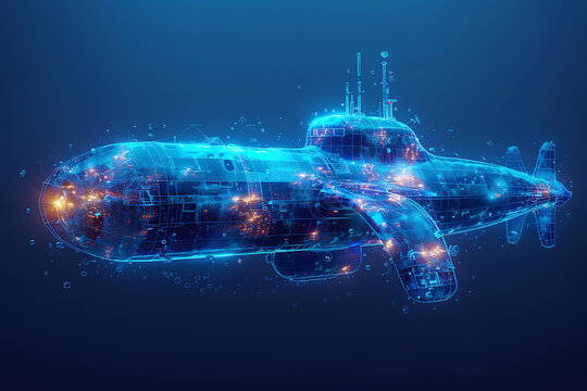 Striking submarine illustration with detailed digital wireframe polygons and innovative line and dot technology, ideal for futuristic designs and marine-themed projects