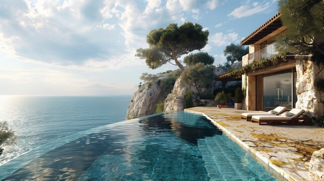 A luxury cliffside villa with an infinity pool overlooking the sea, blending into the rock. with copy space for text
