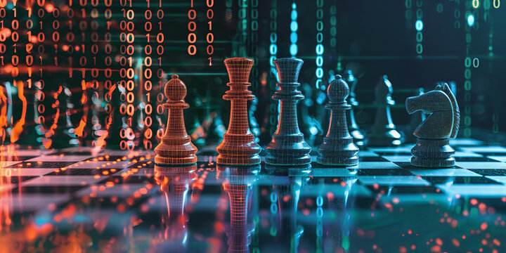 Chess Pieces on Board with Digital Binary Code Background Concept, banner