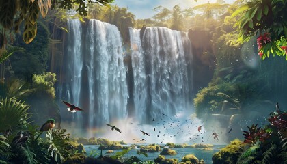 A majestic waterfall in a tropical rainforest with exotic birds and plants.
