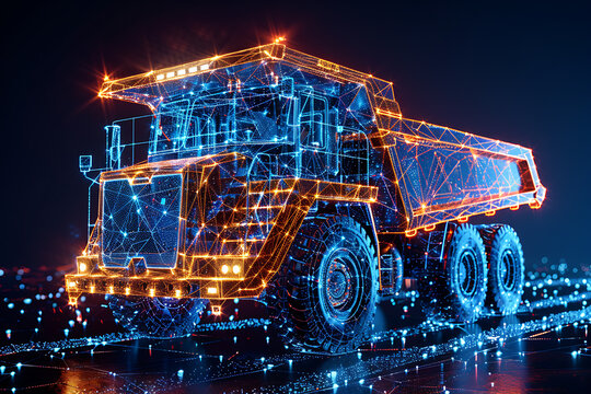 A striking silhouette logo of a dump truck in wireframe style, set against a blue background, perfect for construction and transportation branding