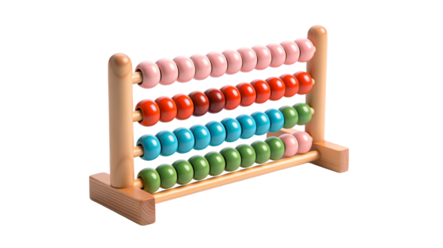 A wooden abacus with multi colored beads in various hues and sizes