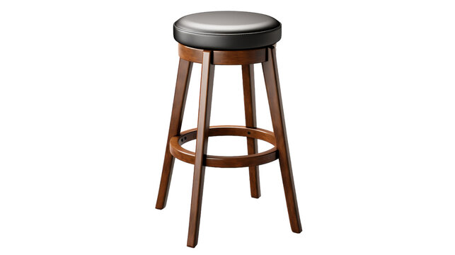 A wooden stool with a sleek black leather seat stands out in its simplicity and sophistication