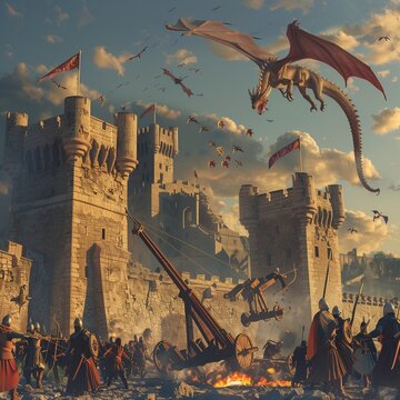 A medieval castle siege with catapults, archers, and a dragon in the sky.