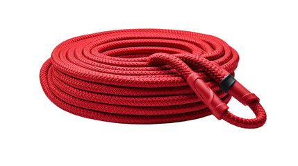 A red rope with a black handle elegantly rests on a white background