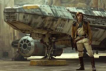 A mysterious space smuggler standing beside his iconic starship, blaster in hand. with copy space for text