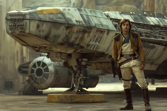 A mysterious space smuggler standing beside his iconic starship, blaster in hand. with copy space for text