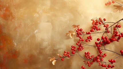 Autumnal Red Berries And Leaves On A Textured Gold Background, Perfect For Seasonal Designs And Decor: Fall Foliage, Harvest Vibes, Festive Elegance, Seasonal Splendor
