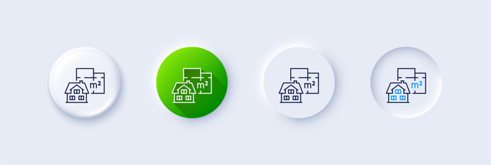 Floor plan line icon. Neumorphic, Green gradient, 3d pin buttons. House floorplan sign. Square meters of living space symbol. Line icons. Neumorphic buttons with outline signs. Vector