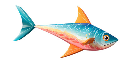 A vibrant blue and orange fish elegantly swims across a stark white background