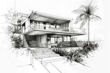 Sketch drawing, sketch of a modern house with swimming pool on white paper, design engineering solution for building a house
