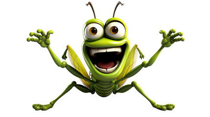 A vibrant green insect with large eyes and a beaming smile