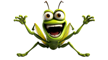 A vibrant green insect with large eyes and a beaming smile