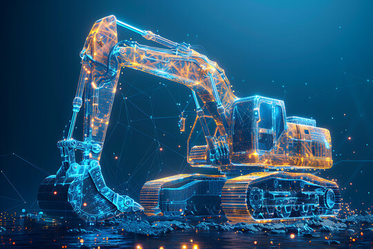A bold silhouette logo of an excavator truck in wireframe style, set against a blue background, perfect for construction and heavy machinery branding